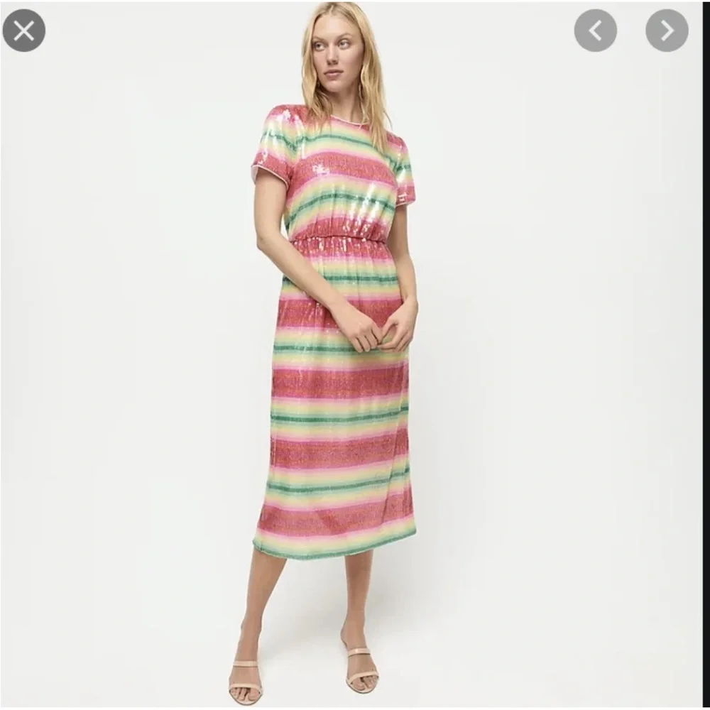 J. Crew Short Sleeve Sequin Midi Dress Watermelon Stripe NWT Size 4 - Picture 1 of 11